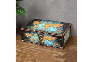 WANLIAN Vintage Wood Treasure Chest Keepsake Jewelry with Map Leather Surface |Treasure Box Kids Pirate Treasure Chest with Lock |Kids Storage Treasure Chest, also for teenagers and Adults 10.6"*8.6"*3.6"