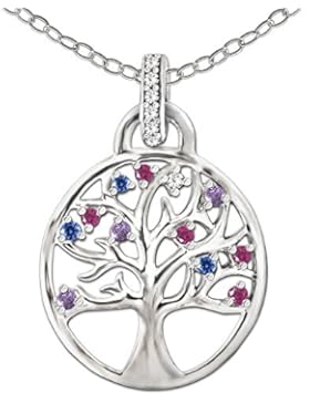 CLEVER SCHMUCK-SET Silberner Anhänger Lebensbaum 24 x 22 mm mit vielen bunten Zirkonias teils offen mit Kette...