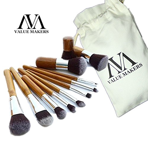 VALUE MAKERS 11pcs Makeup Brush Set - Natural Makeup Brushes - Cosmetics Tools - Bamboo Handles Makeup Brushes Set - Soft Make up Brush Set - Eco-friendly Make Up Brush Kit - Make up Brushes