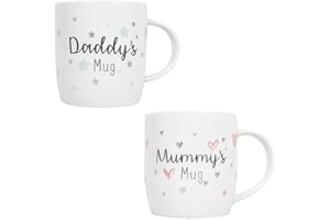 HUGS & KISSES New Parents Mugs Mummy Daddy Newborn 12oz Mug New Bone China Mugs Luxury New Born Celebration Mug Set Set of 2 Mugs Home Kitchen Office