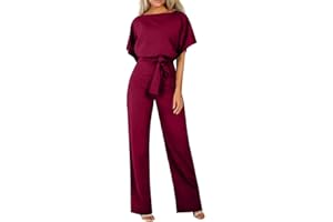 HOOUDO Jumpsuits for Women UK Elegant Summer Short Sleeve Playsuits Ladies Plain Casual Wide Leg Pant Belted Romper Formal Wedding Overalls Baggy One Piece Outfits Dungarees