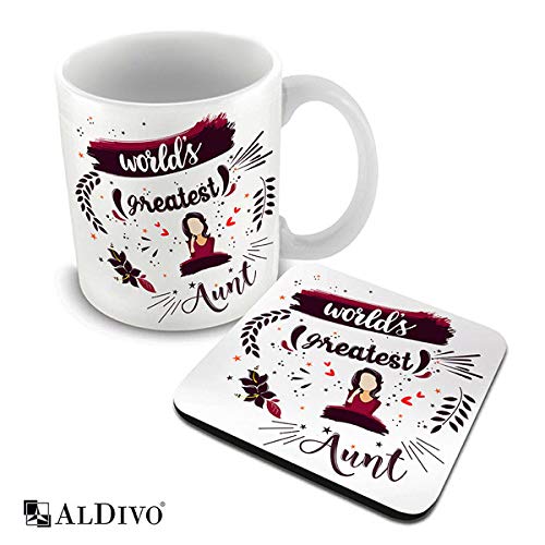 alDivo Premium Quality World’s Greatest Aunty Printed Combo Gift Pack of Ceramic Coffee Mug 330 ml + Printed Coaster