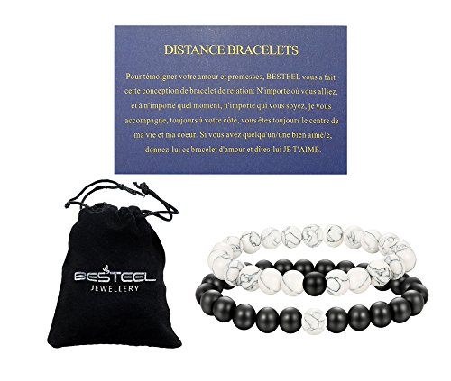 BESTEEL "Bracciale a Distanza Bracciali Perline di Pietra Uomo Donna Lovers Bracciale Amore Bianco Turchese Relazione con Amore Carta, Regolabile