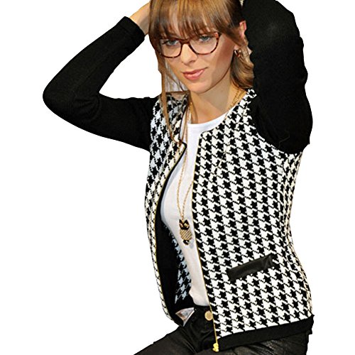 ipretty Women Houndstooth Jacket Short Zipper Cotton Coat Round Neck