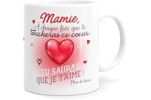 LUIGI COLLECTION Mug Mamie Je t’Aime Coeur Petit-Enfant Idée Cadeau Original Amour Imprimé en France pour Fête Grand-Mère, Future Mami, Maman Femme Grands-Parents pour Anniversaire Noël ou pour le Plaisir.