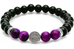 arana's - Pulsera piedras naturales autenticas - Onix agata negra turmalina obsidiana ojo de tigre rosa - Medalla San Benito - Regalos originales para mujer - Proteccion mal de ojo - Unisex