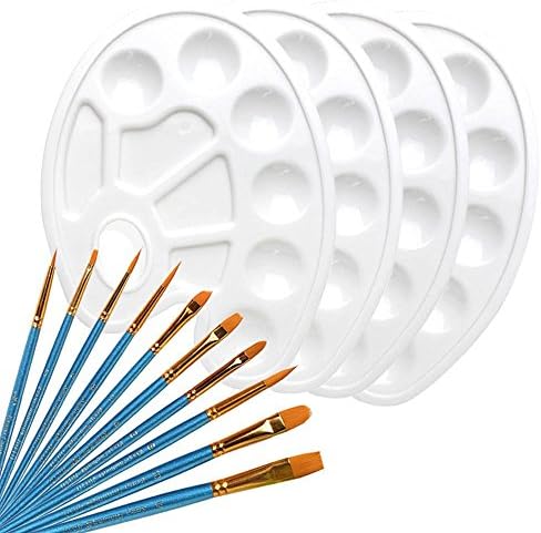 APLANET 4pcs Paint Tray Palette and 10 Nylon Hair Brushes
