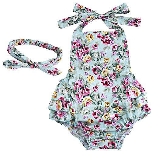 TiaoBug Baby Girls Floral Cherry Ruffles Romper Bodysuit Summer Dress with Headband Blue Rose 12 Months