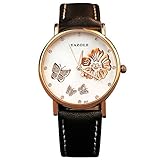 YaZhuoLun Damen-Armbanduhr,Leuchtende Nacht Wasserdicht Quarzwerk Uhren Leder Uhr(Schwarz)