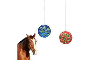 WoYous 2 Stuck Pferde Leckerli Ball Für Pferde Set, Hängende Heu Das Füttern Verlangsamen, Pferde Futterball Spielzeug Für Pferde, Ziegen, Schafe, (blau und Rot)