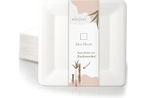 wisefood Bagasse Teller, 200 Stk. 26cm quadratische Einmal Zuckerrohrteller, biologisch abbaubar und ohne PLA/PE, ideal als Partyteller oder Speiseteller