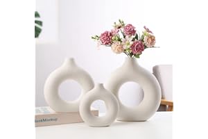 CHBOP 3 Stück Keramik Donut Vase Handgefertigt Rund Blumenvasen Dekorative Vasen Set Moderne Deko für Pampasgras Trockenblumen Beige Ornamente für Büro Haus Dekoration