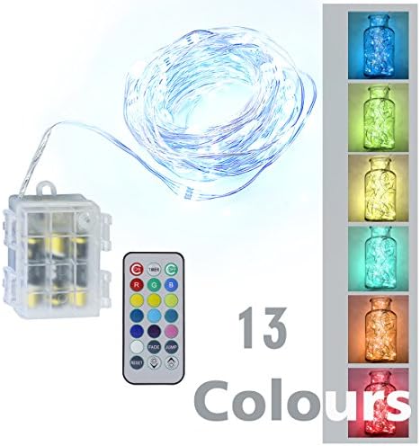 MAVIE 13 Colors Waterproof Silver Wire LED String Lights, 10M 100 LEDS Outdoor Christmas Lights String Battery Powered with Remote Control for Decoration
