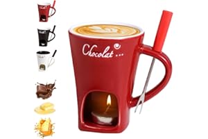 AUKOJOY Lot de tasses à fondue au chocolat avec fourchettes, tasse à fondue au chocolat, chauffe-beurre en céramique, tasse à fondue chauffée avec bougie chauffe-plat, pour bonbons, collation, caramel (A)
