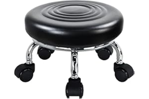 WKWKER Nowoczesne siedzisko rolkowe PU Leather Low Round Rolling Stool Skrętny mały stołek z uniwersalnymi kółkami do garażu domowego Sklep Fitness Sport, H: 21.3cm (czarny)
