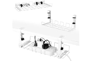 Baskiss 2 Packs Cable Management Tray, 40 cm Under Desk Cord Organizer with Clamp Mount for Wire Management, Foldable Handle Metal Holder for Desks, Offices, Kitchens, No Need to Drill Holes (White)
