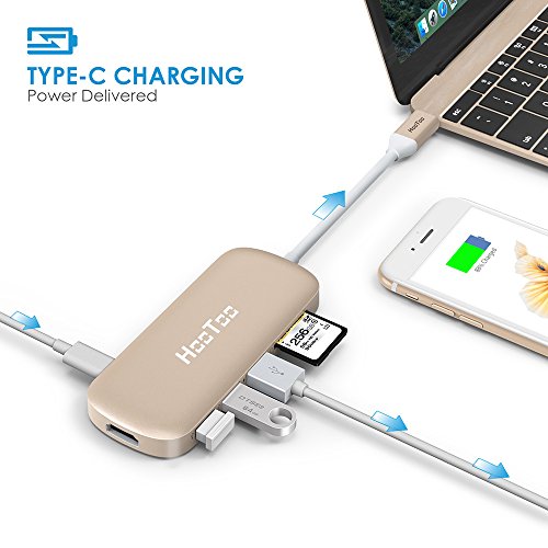 HooToo USB-C Hub mit drei USB 3.1 Gen 1 Anschlüssen, HDMI-Anschluss, SD-Kartenleser (Stromversorgung für USB-C Aufladung, Plug und Play, Aluminiumlegierung) für neues Macbook und Chromebook Pixel, Gold - 2
