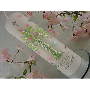 Taufkerze Lebensbaum grün rosa s