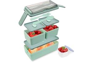 Bugucat Bento Lunch Box 1400ML, Stackable Lunch Box Bento Boxes,2 Layer 3 Compartments Leak Proof Lunchbox,Lunch Box with Compartments for Adults Kids,Container Meal Prep Containe with Cutlery,Green