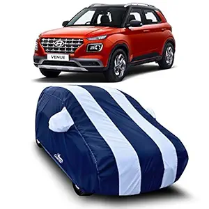 DREAM STORE - Water Resistant - dust Proof - car Body Cover for Hyundai Venue SX Plus Turbo car Cover - Water Resistant UV Proof - car Body Cover (Strips White with Mirror Pockets)