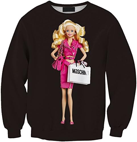 Girl's Printed Barbie Doll Hoody Crewneck Pullover Long Sleeve Black UK Size 10-14 / EU Size 36-40 (Not For Kids)