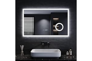 SONNI Espejo de Baño LED 100 x 60 cm Espejo de Baño con Iluminación Blanco Frío 6400 k Espejo con Interruptor Táctil Temperatura del Reloj del Espejo Montado en La Pared 3 Veces Amplificada