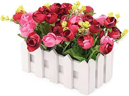 Louis Garden Artificial Flowers Fake Rose in Picket Fence Pot Pack - Small Potted Plant (Red-Pink)
