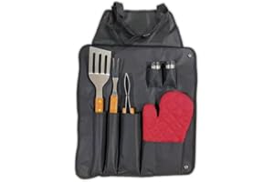 EMPOTEC Set 7 pezzi Attrezzi per Barbecue BBQ con Grembiule Forchettone Paletta Pinza Presina Coppia Sale Pepe Accessori per la Cottura in Metallo e Legno