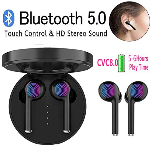Nuevo Versión Auriculares Inalambricos Bluetooth 5.0 Auriculares BluetoothTouch Control CVC8.0 Hi-Fi TWS 5 H Autonomía,Auriculares con Micrófonos Dual para iPhone Android (TWS-Negro)