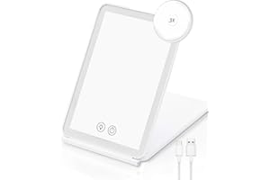 JR JUMIAR Portable Travel Makeup Mirror with Lights, 72 LED Rechargeable Folding Vanity Mirror, Touch Sensor Dimming, 3 Colors Light Modes, Lightweight Makeup Mirror with 3x Magnification Mirror for Women