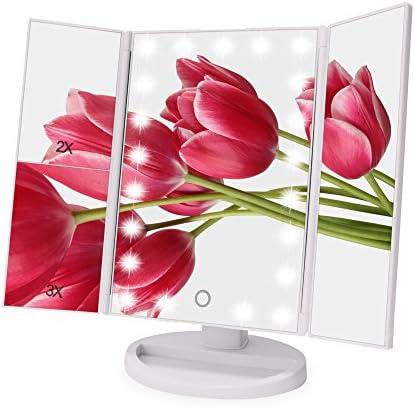 Dimmable Tri-Fold Makeup Mirror with 21 LED Lights 180° Free Rotation Countertop 1X &amp; 2X &amp; 3X Magnifying Cosmetic Mirror for Travel Home Bathroom, USB or Battery Powered (White)