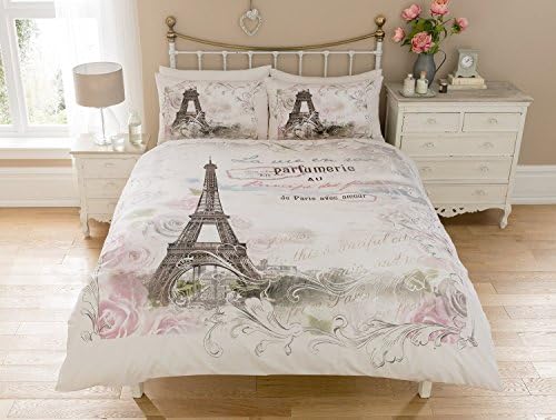 PARIS EIFFEL TOWER FLORAL FLOWERS ROSES CALLIGRAPHY SCRIPT REVERSIBLE DUVET SET QUILT COVER BEDDING BEDROOM SET (3 SIZES) (King)