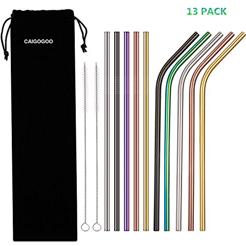 CAIGOGOO Pajitas Reutilizables de Acero Inoxidable de Colores - 10 Pack-Incluye 2 cepillos de Limpieza Largos Para batidos, jugos y bebidas calientes