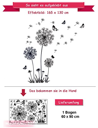 WandSticker4U- Wandtattoo „Pusteblumen“ schwarz | Effektbild: 165x130cm | Wandsticker Löwenzahn Blumen Baum Pflanzen Waldbild Wand Aufkleber Deko für Wohnzimmer, Schlafzimmer, Garderobe, Küche, Flur XL - 7
