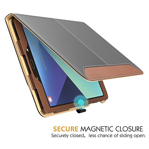 MoKo Samsung Galaxy Tab S3 9.7 Hülle – Schlank Folding Kunstleder Schutzhülle Leder Hülle Tasche Ledertasche Etui Smart Case Cover mit Standfunktion Dokumentschlitze Auto Sleep/Wake up Funktion für Samsung Galaxy Tab S3 9.7 Zoll 2017 (SM-T820 / T825, Keine Stiftversion), Grau & Braun - 7
