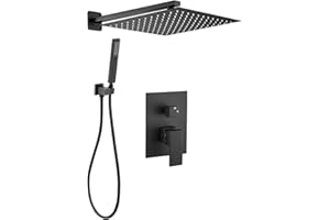 VALAZ Ducha Empotrada Negro Mate | Ducha Monomando 2 Vías, Rociador Efecto Lluvia | Instalación en Pared Fácil y Rápida | Acero Aleado, Inoxidable, Elegante, Cuadrada, Rociador 25 cm, Serie Tajo