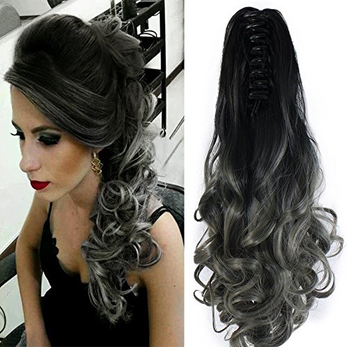 22" Claw on Ombre Two Tone Synthetic Curly Wavy Ponytail Hair Extensions Black to Dark Grey