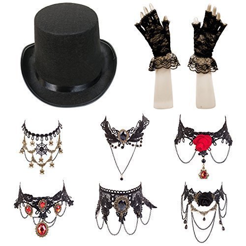 Ladies Steampunk Halloween Fancy Dress Set (Top Hat, Lace Gloves, Necklace) steampunk buy now online Ladies Steampunk Halloween Fancy Dress Set (Top Hat, Lace Gloves, Necklace) steampunk buy now online