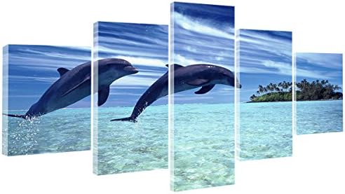 Painting World The Jumping Dolphin in the Sea with Sunrise Blue Frameless Canvas Art Print - 5 Pieces Wall Art Multipart Decorative Canvas - Animal- Oil Paintings Prints Pictures for Home Bedroom Living Room Dining Room Office Wall Decor Christmas Gifts Decoration 12 ( 5 Panel/ Set, 150 x 80 cm/ 59" x 31.4", Only Canvas)