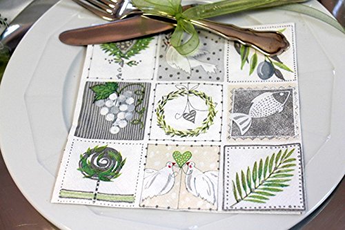 20 Servietten Symbole Grün Grau Weiß Kommunion Konfirmation Taufe Fisch Tischdeko - 7