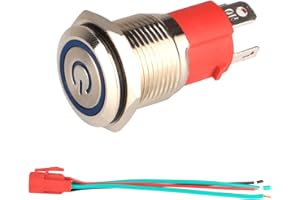 GUUZI 220V-230V / 15A Interruptor de Botón de Enclavamiento NO, Impermeable Luz LED Azul Iluminado Botón de Encendido de Metal de 16 mm con Cable de Enchufe
