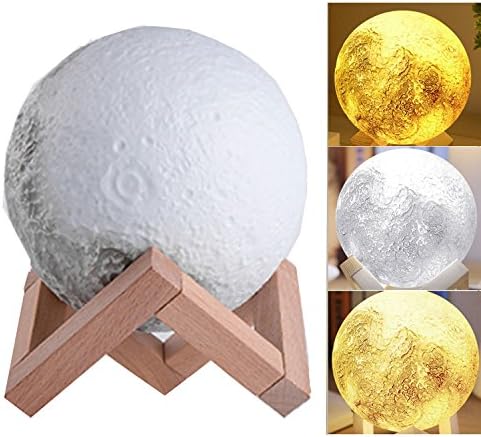 3D Printing Moon Lamp,SUAVER Rechargeable Touch Switch LED Night Light Dimmable Bedside lamp Desk Lamp Moonlight With Wooden Mount,Kids Room Decor Birthday Christmas Gift(13CM)