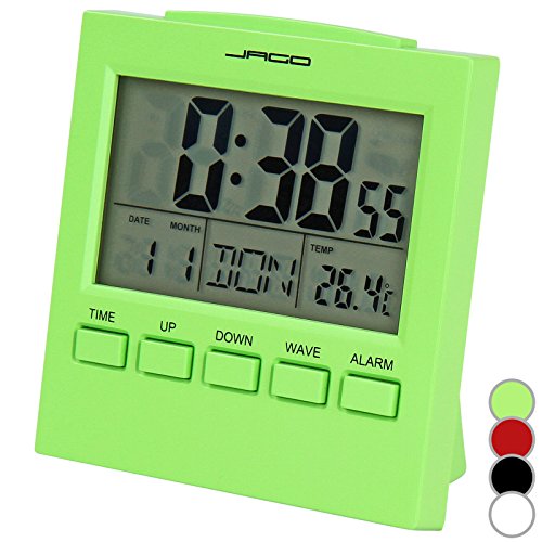 Jago Funkwecker Wecker mit Temperaturanzeige mit LCD-Display in vier verschiedenen Farben und LED-Hintergrundbeleuchtung inkl. Snooze-Funktion