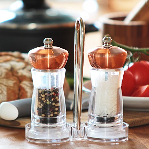 Relaxdays Gewürzmühlen Set mit Mühlenuntersetzer, manuell, Keramikmahlwerk, HxBxT: 7 x 3,5 x 3,5 cm, kupfer - 2