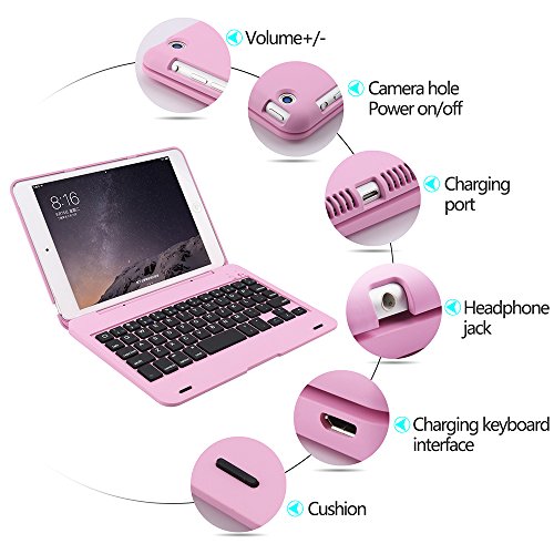 KVAGO iPad Mini 1 2 3 Tastatur mit Hülle Bluetooth Wireless Englisch QWERTY Tastatur für iPad Mini 1 2 3—Pink - 3