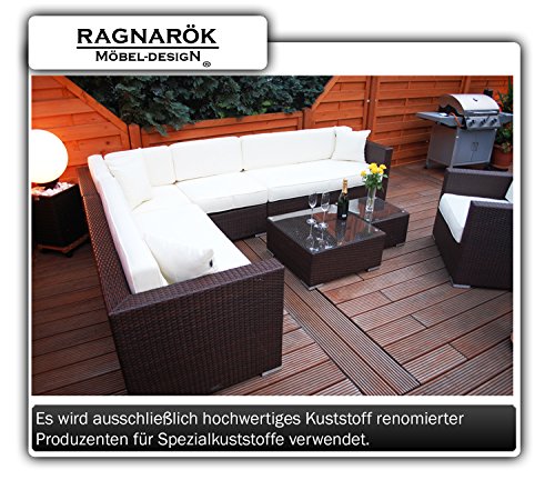 PolyRattan Lounge DEUTSCHE MARKE -- EIGNENE PRODUKTION 7 Jahre GARANTIE Garten Möbel incl. Glas und Polster Ragnarök-Möbeldesign braun Gartenmöbel