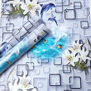 Wolpin Wall Stickers DIY Wallpaper (45 x 500 cm) 3D Frames and Dolphins Flowers Self Adhesive Decals Kids Room Decoration, Dolphin Blue