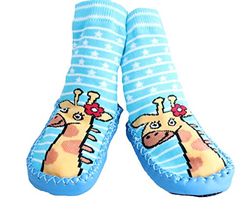 Baby Toddlers Kids Indoor Slipper Shoe Socks Moccasins NON SKID BLUE STRIPED GIRAFFE (1.5-2.5 YRS)