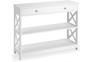 LIFEZEAL Mesa de Consola, Mesa de Entrada Estrecha, Mesa Auxiliar con cajón y estantes de Almacenamiento de 2 Niveles, 100 x 30 x 80 cm(Blanco