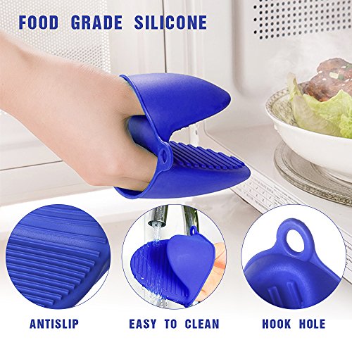 Ofenhandschuhe Und Topflappen Schürze Silikon, Backhandschuhe 2er Set, Doppelt Hitzebeständig, Gummi Grillhandschuhe Profi, Weiß Hellblau Design Blumen, Waschbar, Hochwertig - 6